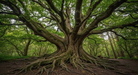 Fototapeta premium Majestic ancient tree with sprawling roots in a lush green forest setting