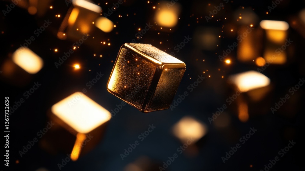 Poster a floating golden cube surrounded by particles, creating a mystical and shiny effect against a dark 