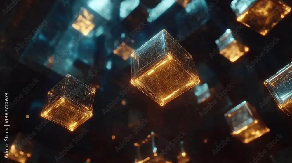 Poster a mesmerizing display of floating, glowing cubes set against a dark background, creating an ethereal