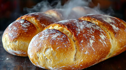 Artisan loaves of crusty bread, freshly baked and steaming.  Golden brown crust with visible texture.  Perfect for bakery, food, and culinary websites.