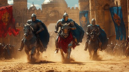 Knights in armor charge past grand gates, stirring dust as colorful banners ripple in the breeze