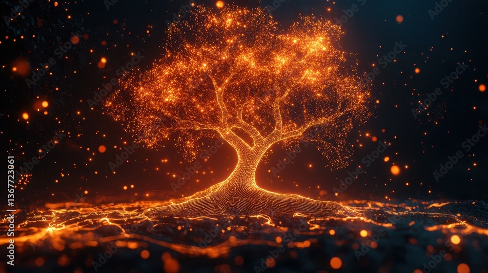 Poster a luminous tree made of particles glows against a dark background, creating a magical and ethereal a