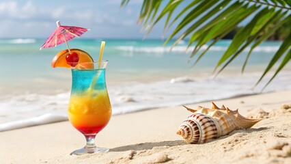 A vibrant tropical cocktail on golden sand, accompanied by a seashell, with palm leaves, turquoise waters, and a sunny sky in the blurred background. A perfect taste of paradise. Generative AI.