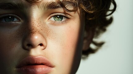 Fototapeta premium Close-up portrait of a young boy's face. the boy has curly blonde hair and blue eyes. his face is turned slightly to the side, and his expression is serious and contemplative.