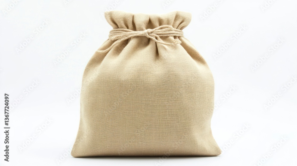 Poster burlap sack with drawstring tie on white background - product mockup