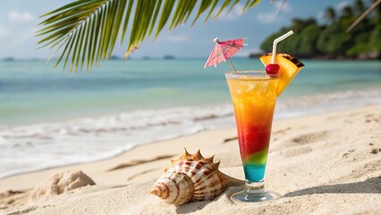 A vibrant tropical cocktail on golden sand, accompanied by a seashell, with palm leaves, turquoise waters, and a sunny sky in the blurred background. A perfect taste of paradise. Generative AI.