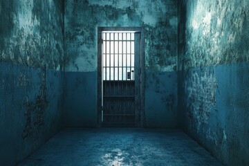 Obraz premium Abandoned prison cell with barred door that shows signs of neglect and decay