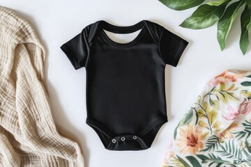 Black Baby Bodysuit Flat Lay with Floral Blanket and Muslin Cloth