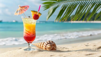 A vibrant tropical cocktail on golden sand, accompanied by a seashell, with palm leaves, turquoise waters, and a sunny sky in the blurred background. A perfect taste of paradise. Generative AI.