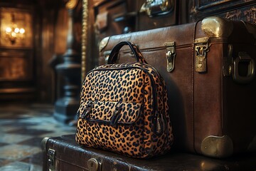 A leopard print backpack ready for an adventure, leaning against a vintage suitcase