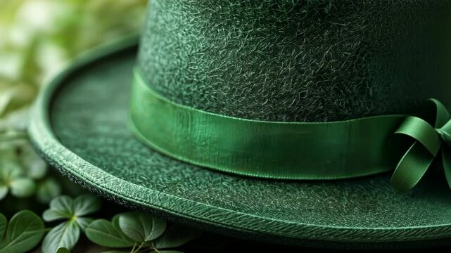A vibrant green felt hat adorned with a matching ribbon is placed on lush shamrocks that celebrate St. Patricks Day. This colorful display captures the festive spirit and greenery of the occasion.