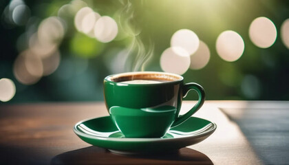Obraz premium Elegant dark green cup of hot black coffee. Close up. 