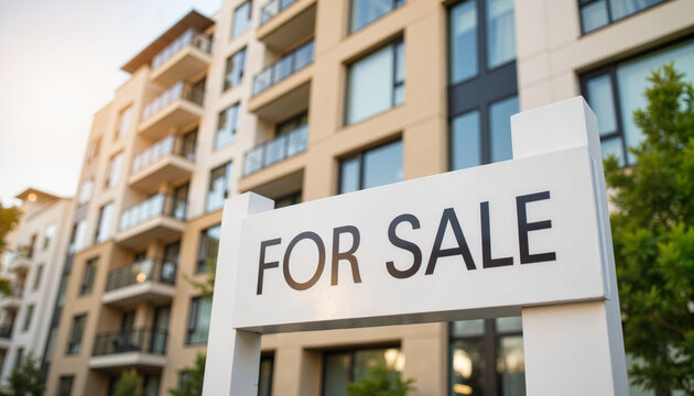 Real estate sign displaying "For Sale" in modern apartment buildings   - Powered by Adobe