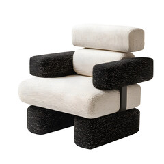 Modern Geometric Lounge Chair with Contrasting Black and White Cushions, Stacked Design, and Metal Accent Strap