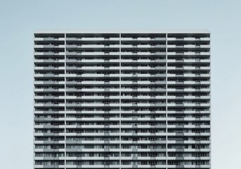 都会の静かな高層マンション 青白い空の下、整然と並ぶ窓の数々