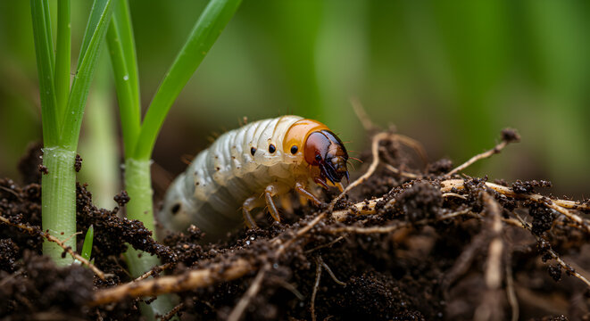 Close-up of a grub larva amidst soil and sprouts symbolizing natural life cycle