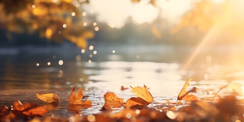 Autumn leaves falling through the air on an autumn day, with beautiful sunlight and a blurred \