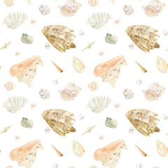 Strombus clam shells, cornuta cassis, and glittering pearls from the ocean's underwater world. Seamless pattern. Digital watercolor illustration. A long spiral seashell in beige tones, and pink murex