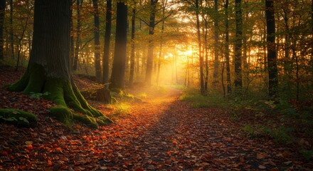 Fototapeta premium Serene autumn forest path illuminated by golden sunlight filtering through trees