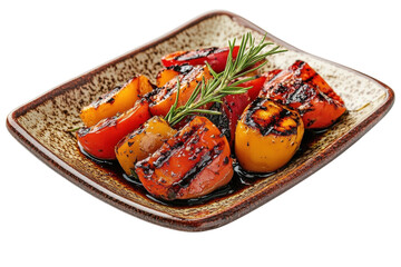 Grilled Peppers And Balsamic Glaze, A Vibrant Summer Dish Elegantly Arranged On A Rustic Plate With Rosemary Garnish Isolated on Transparent Background