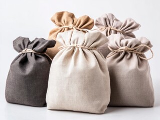 Assorted Fabric Drawstring Bags for Packaging and Gifts on White Background