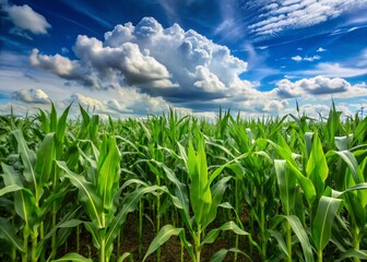Fototapeta premium Lush Green Cornfield Under a Vibrant Blue Sky - Stunning Summer Landscape