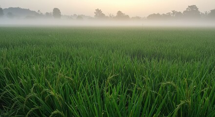 Lush green rice field at dawn with mist, showcasing serene rural landscape