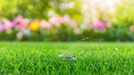 Naklejka premium A close-up view of a garden sprinkler watering lush green grass, with a blurred background filled with colorful flowers and soft bokeh light, Green Technology.