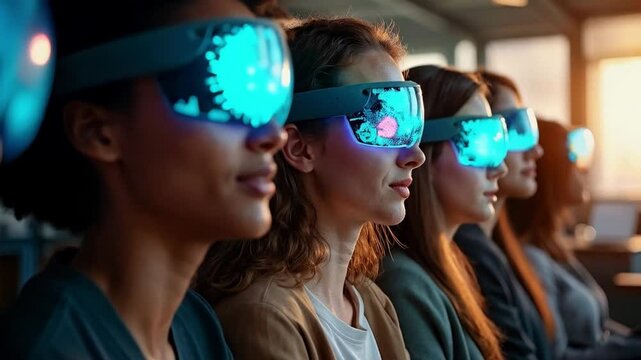 Grupo de mujeres usando visores de realidad virtual en aula moderna