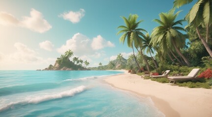 Obraz premium A pristine tropical island, where coconut trees sway over soft white sand, and turquoise waves lap gently at the shore.