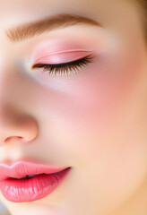 Fototapeta premium Artistic close-up of a woman's face showcasing perfect makeup, glowing skin, and expressive eyes, conveying beauty and elegance.