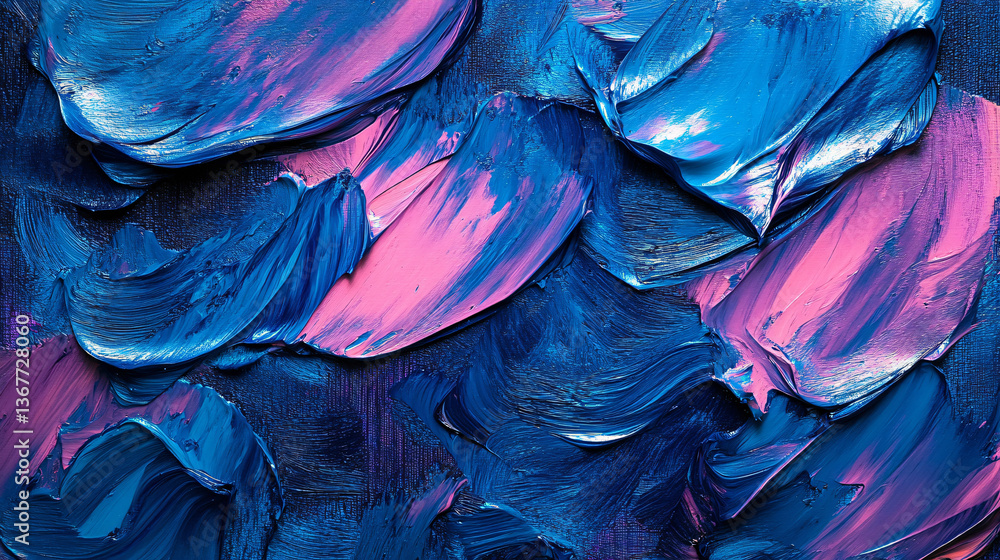 Poster mesmerizing blue and pink abstract painting with electric brushwork and dynamic colors that create a