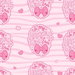 Vintage Coquette Pink Seamless Pattern. Motivational Quote Lettering with Ribbon Bow on Groovy Distorted Stripe Background. Romantic Girly Vibe. Trendy aesthetic backdrop template. Vector illustration