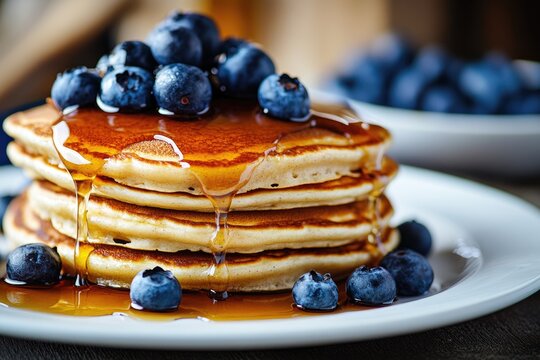 A tall stack of fluffy pancakes topped with fresh blueberries and syrup sits on a plate, surrounded by more blueberries, highlighting breakfast