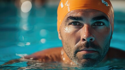 A competitive swimmer with an orange swim cap focuses intently in the water, poised for an upcoming training session in the pool