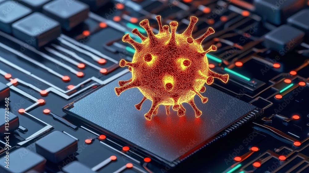 Poster cyber security ransomware prevention concept. digital representation of a virus on a microchip circu