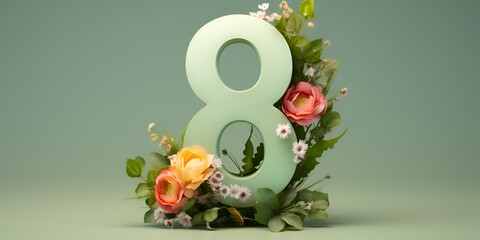Beautiful floral arrangement in the shape of the number "8" on a light green background, detailed 