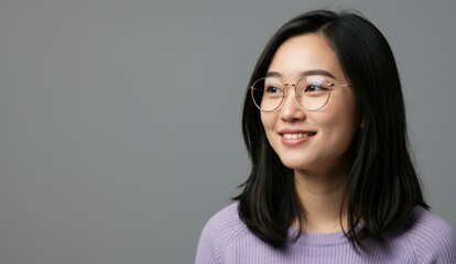 Fototapeta premium East Asian woman smiling in a purple sweater, casual portrait in a studio. Focus on confidence and positive self-image.