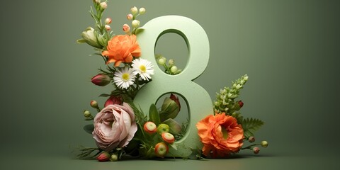 Beautiful floral arrangement in the shape of the number "8" on a light green background, detailed 