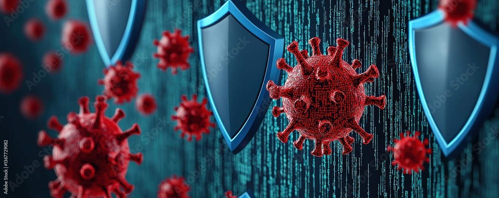 Poster cyber security ransomware prevention concept. digital shield protecting against viruses and data thr