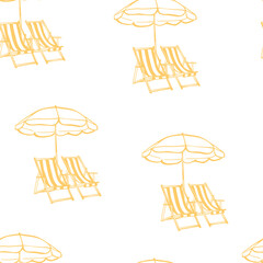 Hand drawn sun chairs and beach umbrella seamless pattern