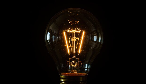 Vintage incandescent light bulb with warm glow against black background. Ideal for interior decor and design concepts.