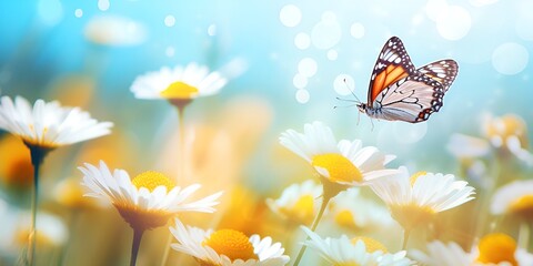 Beautiful spring background with a butterfly on a flower, colorful daisies and yellow flowers in the