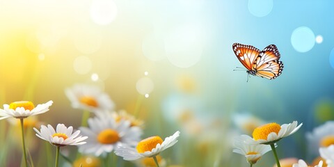 Beautiful spring background with a butterfly on a flower, colorful daisies and yellow flowers in the