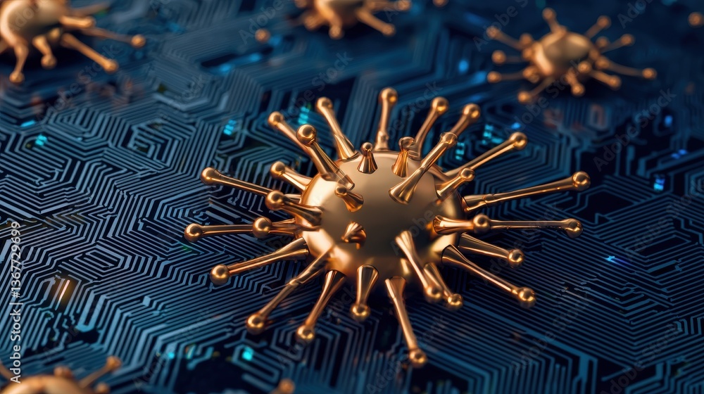 Poster cyber security ransomware prevention concept. 3d representation of a virus on a circuit board backgr