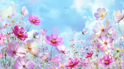 Fototapeta premium Cosmos Flowers Field Under a Sunny Sky