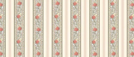 Elegant vintage-inspired seamless pattern with vertical floral stripes. Delicate pastel tones, featuring hand-drawn flowers, leaves, and ornamental elements. Perfect for textiles and wallpaper
