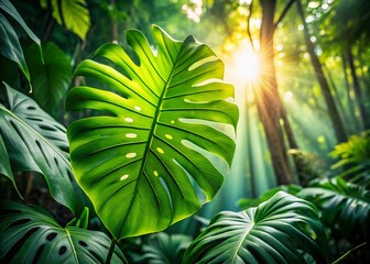 Obraz premium Lush Green Monstera Leaf in Tropical Rainforest - Long Exposure Photography