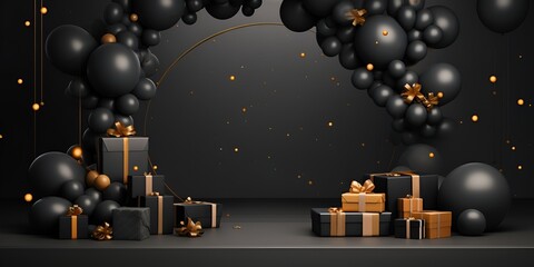 Black and gold podium with balloons, gift boxes for Black Friday black friday sale background design. 