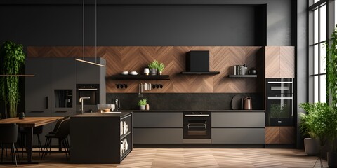 Black and wood kitchen with a herringbone-patterned wall, green plants, and modern appliances. bokeh background